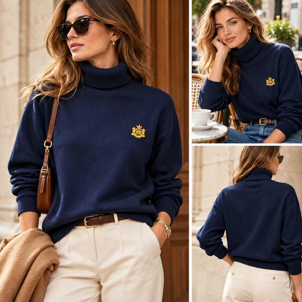 Calvin Klein Sport Vintage 90s Navy Cotton Turtleneck Gold Crest Women USA L